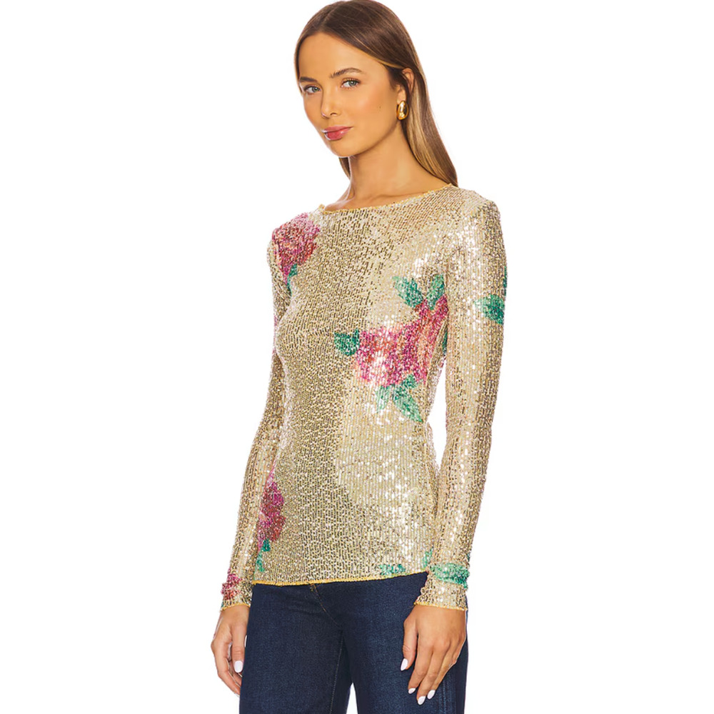 Free People Printed Gold Rush Sequin Top Long Sleeve Champagne Combo Medium NWT - Picture 3 of 11
